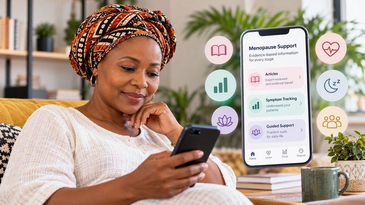 Woman using a menopause support app to access evidence-based articles, symptom tracking and health guidance. Copy