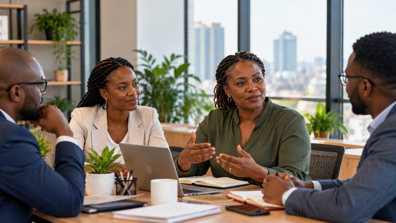 African professionals discussing practical ways to create a menopause-friendly workplace.