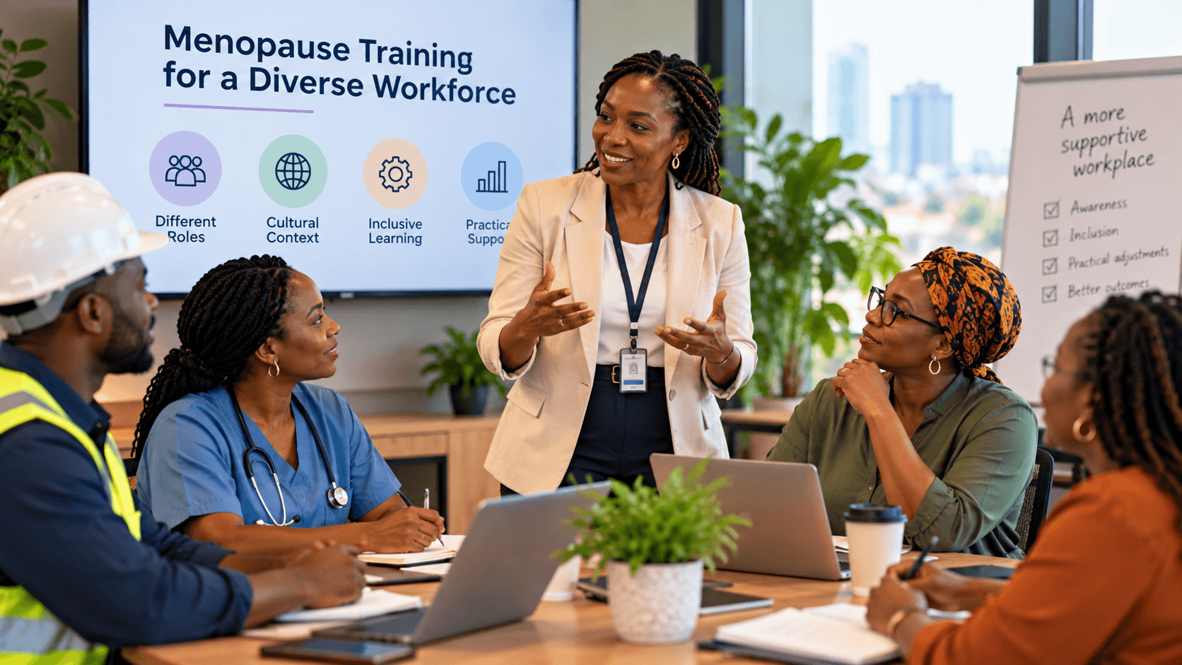 African professionals participating in an inclusive workplace menopause training session. Copy