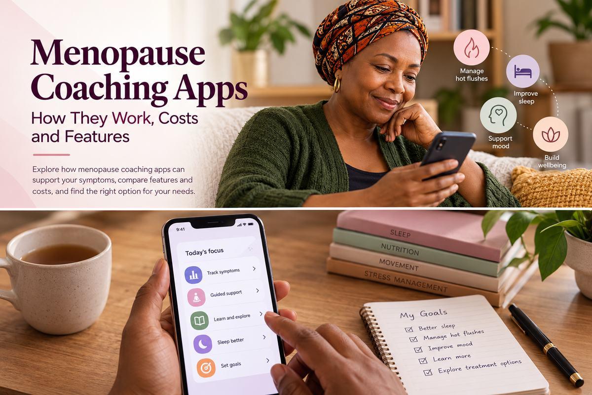 Middle-aged African woman using a smartphone to explore menopause coaching apps and digital wellness support.